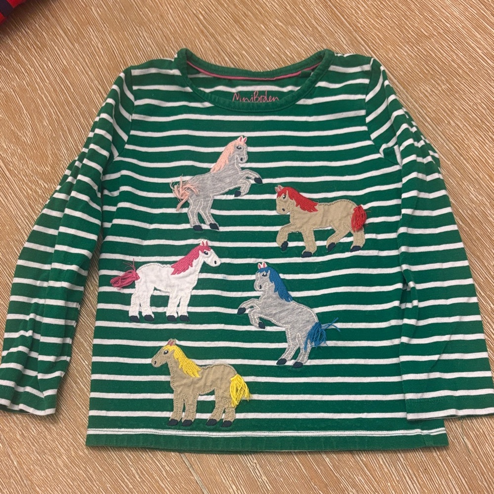 Mini Boden Green Striped Unicorn Long Sleeve Shirt